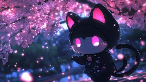 Chibi cat-hoodie character under glowing sakura at night
