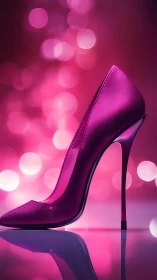 Single magenta stiletto pump on reflective surface, bokeh background.