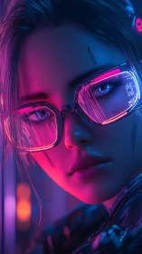 Neon lit gaze of a cyber dreamer in electric night streets.