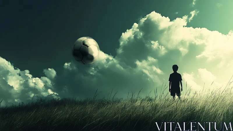 Dreamy soccer moment floats above a grassy sunset hill