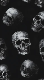 Grayscale human skull pattern on dark textured background.