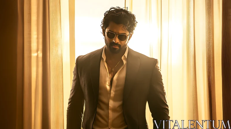 Stylish man in suit and sunglasses framed by warm curtains.