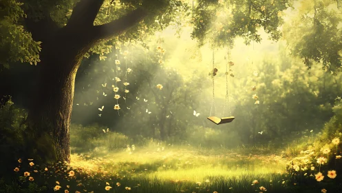 Digital fantasy glade with suspended book swing under tree.
