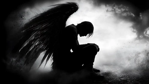 Fallen angel kneels in stormy light, wrapped in shadowed grief