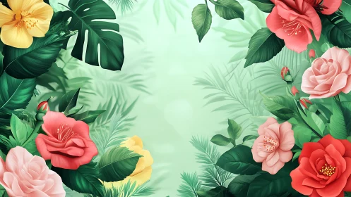 Tropical flowers and monstera leaves in digital botanical illustration
