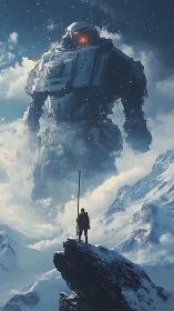 Lone climber confronts colossal snowbound mech in storm