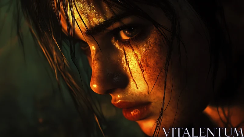 Side-lit digital portrait shows intense, dirt-streaked face