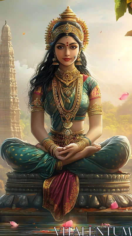 Divine Indian goddess meditating on ornate temple lotus pedestal.