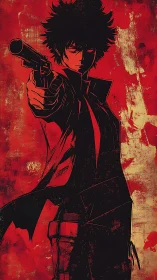 Gun-wielding anime figure dominates gritty red backdrop