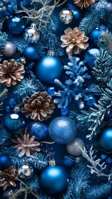 Blue metallic Christmas baubles with frosted pinecones.