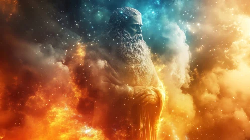 Cosmic elder gazes calmly across swirling starborn clouds