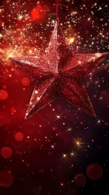 Red glitter star ornament hangs against glowing red background