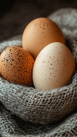 Speckled eggs huddle softly inside a woven burlap cradle