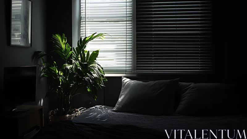 Shadowed bedroom with window blinds and lush potted plant.
