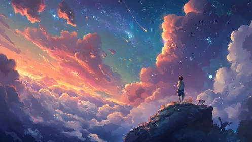 Child observing radiant nebula sky from elevated cliff edge