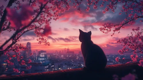 Black cat silhouette perches against neon sunset cityscape with pink cherry blossoms