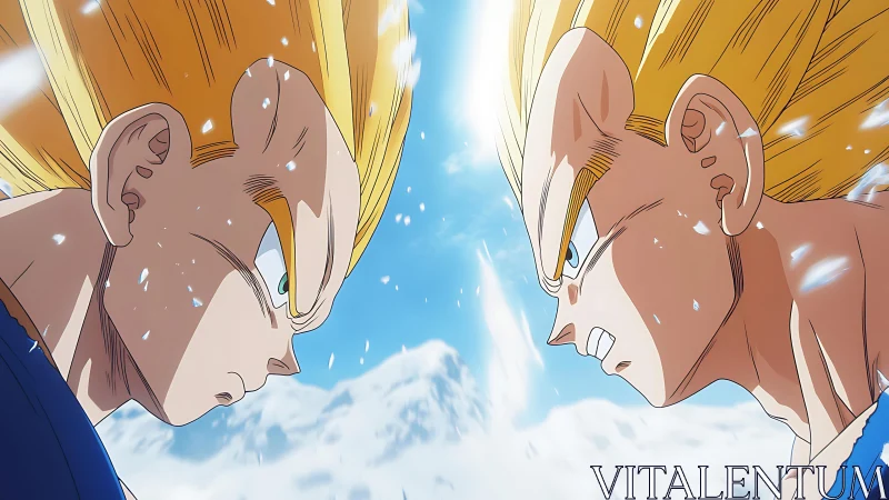 Intense golden-haired duel under icy blue battle sky.