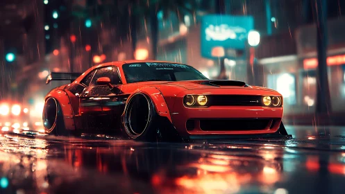 Widebody muscle car under neon rain with cinematic depth of field