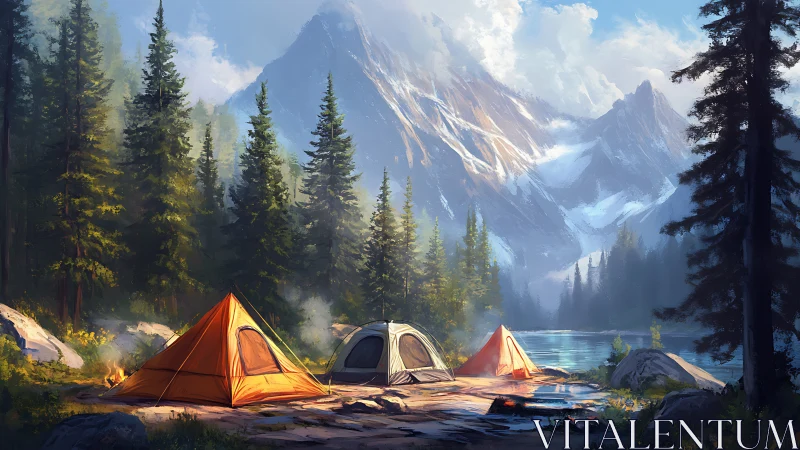 Triangular tents beside alpine lake under snowcapped granite peaks