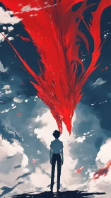 Skybound boy beneath a blazing red dragon stormcloud.