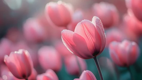 Pink Tulips with Dew: Close-up Botanical Study in Soft Focus