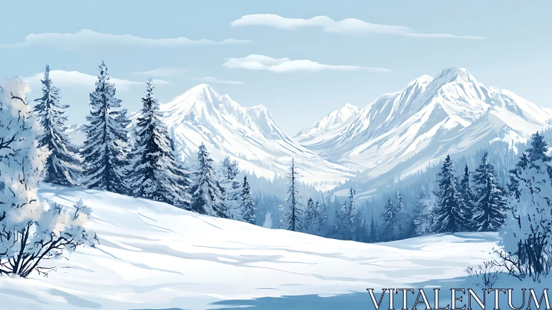 Snow-covered conifer forest under distant alpine ridge in cold light