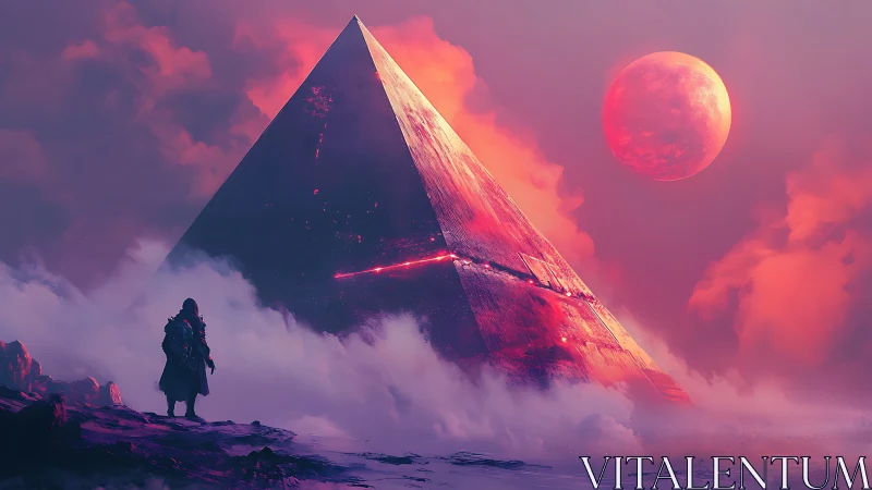 Crimson lunar sky over colossal sci fi pyramid in mist