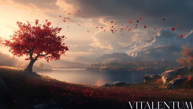 Red autumn tree by mountain lake under warm sunset light.