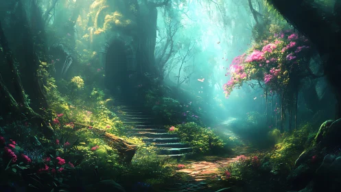 Ancient stone pathway through illuminated forest with flowering vegetation