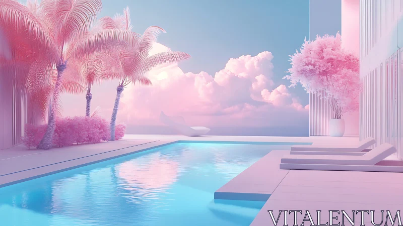 Dreamy pastel poolside escape under cotton candy skies.