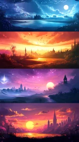 Layered fantasy skylines in sequential day-night color study.