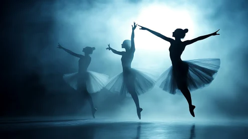 Silhouetted ballet dancers hold extended poses on misty stage
