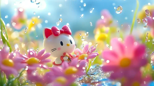Kitty in the spring rain among sparkling pink blossoms.