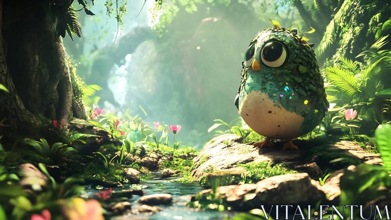 Whimsical mossy owl beside sparkling forest stream.