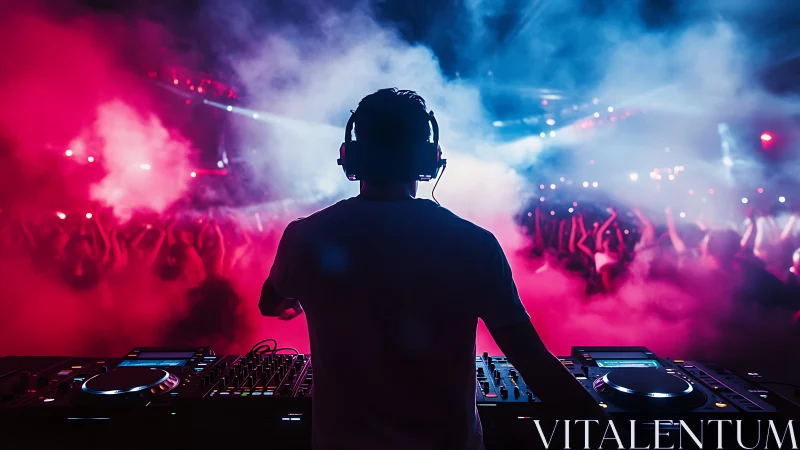 DJ controls nightclub stage while crowd dances in colored fog