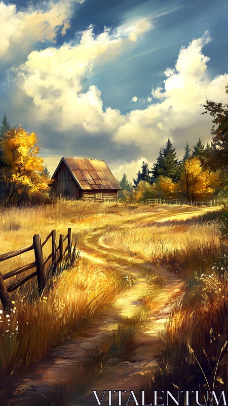 Golden meadow path curling toward a quiet autumn barn.