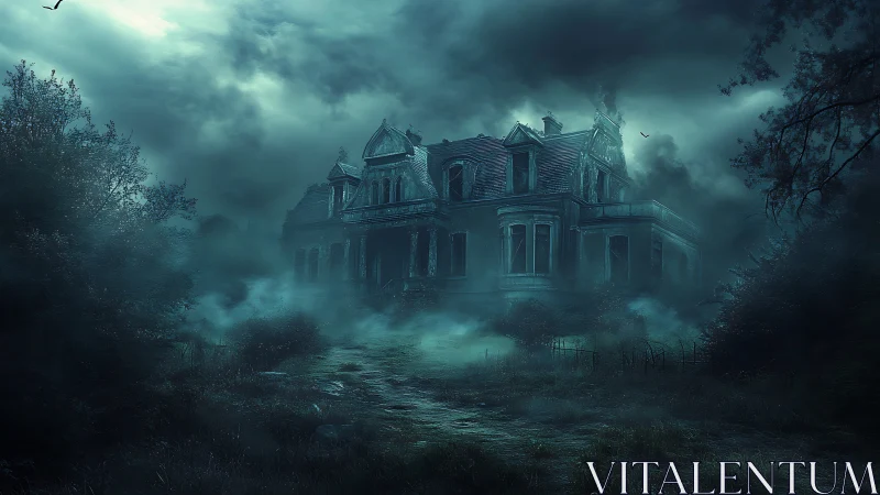 Moon-drowned manor brooding in storm-heavy spectral mist.
