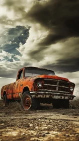 Rust-red truck waits beneath storm-bellied prairie sky.