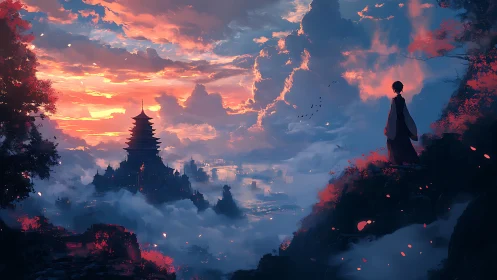 Solitary figure surveys distant pagoda in clouded valley