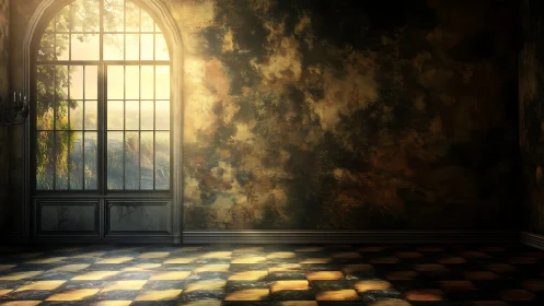 Sunlit empty room with arched window and worn walls.