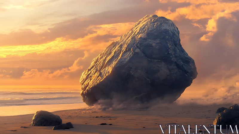 Large angular boulder rests on flat coastal sand at sunset
