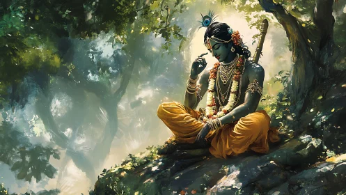 Divine blue figure in saffron robes within dappled forest light.