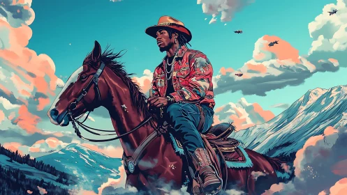 Neon sky cowboy rides above snowlit mountains and clouds.