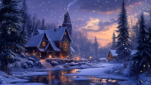 Snowy forest cottages with warm lights beside frozen river