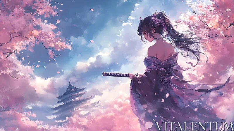 Blade-poised sakura sentinel above drifting temple clouds.