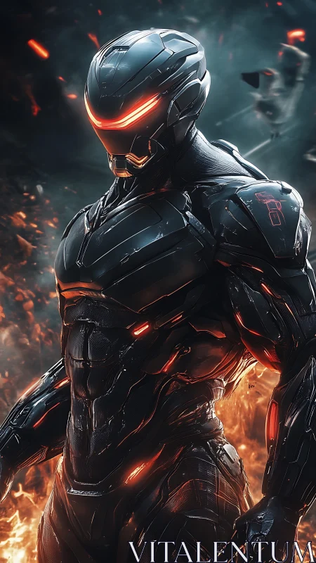 Futuristic armored hero glowing softly in molten light.