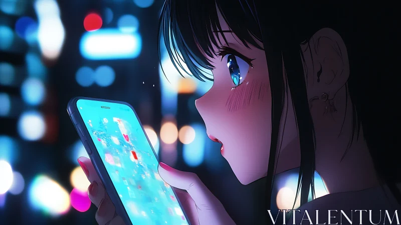 Neon-lit anime girl studies glowing smartphone in night city.