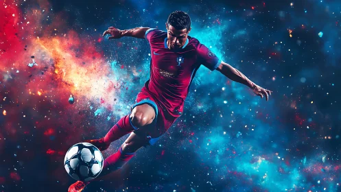 Dynamic soccer striker kicks ball through vibrant nebula field
