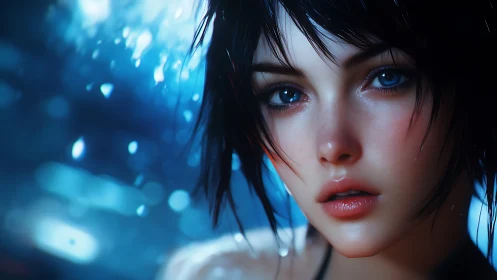 Blue-lit anime girl gazes through rain with quiet intensity