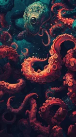 Giant octopus creature curls bright tentacles underwater.